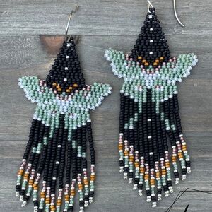 Butterfly in Flight patterned beaded tassel earrings. New.